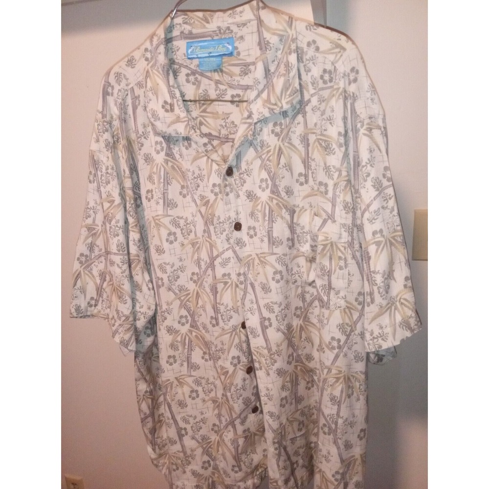 Mens 2XL Silk Hawaiian Shirt Bermuda Bay Green Tropical Button‎ Up